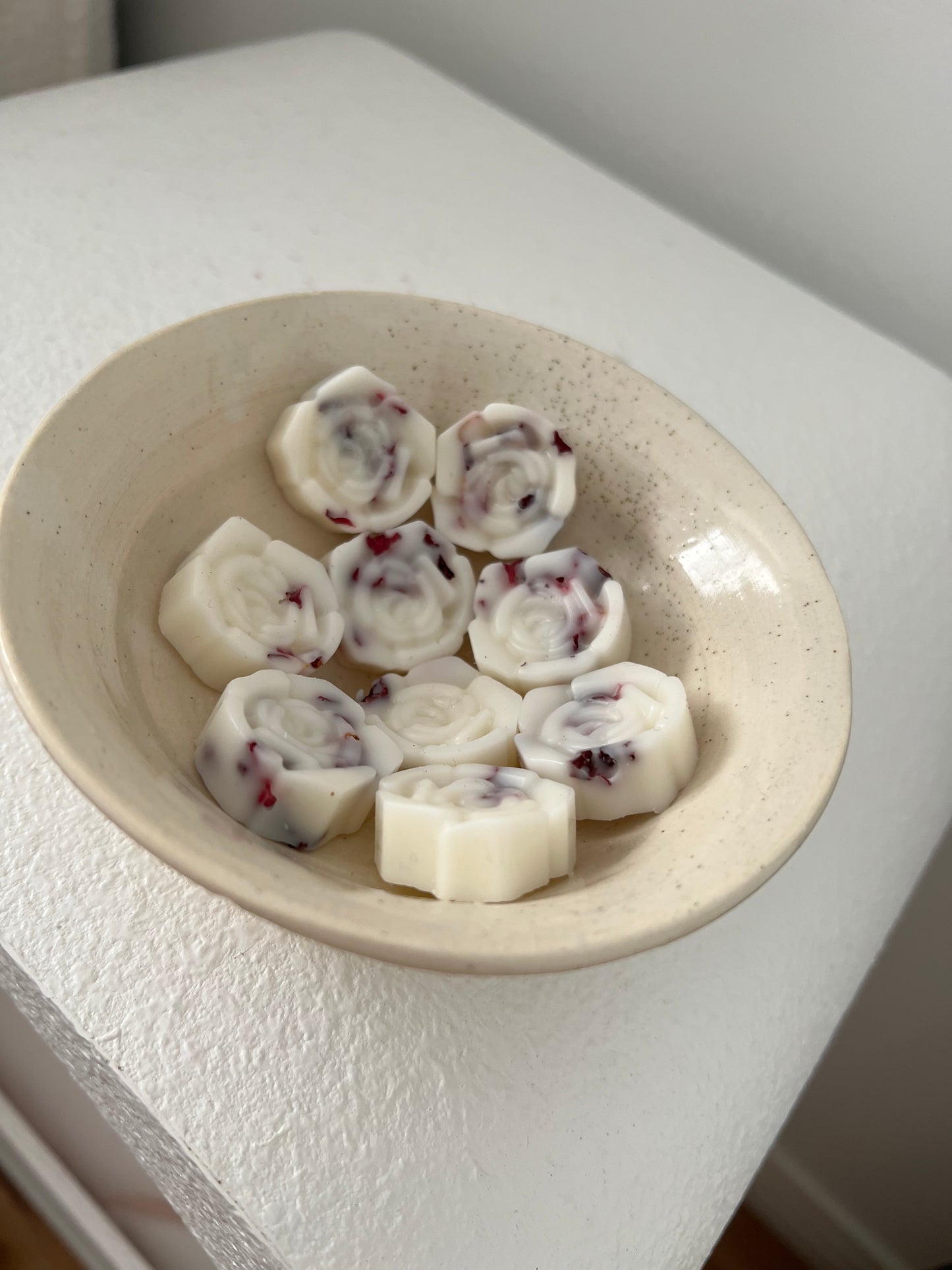 botanical rose soy wax melts in a bowl