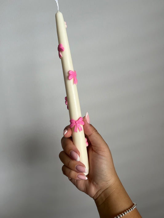 Bow tapered candle, ribbon tapered candle, pillar candle, pink bow candle