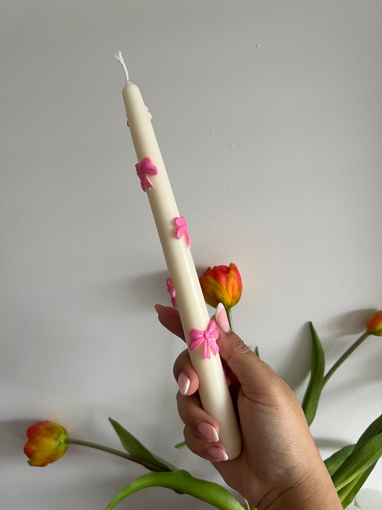 Bow tapered candle, ribbon tapered candle, pillar candle, pink bow candle