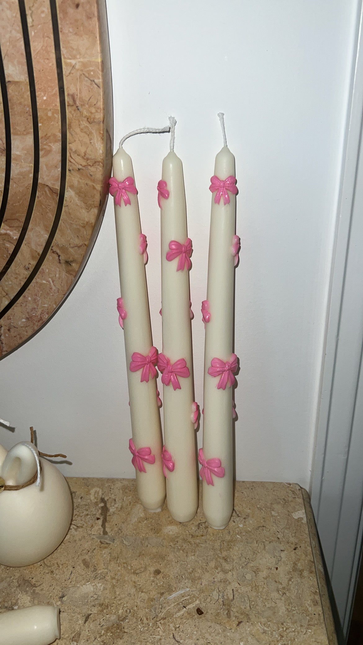 Bow tapered candle, ribbon tapered candle, pillar candle, pink bow candle